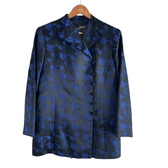 Vintage 80s Floral Jacquard Jacket‎ by Rickie Freeman in Black and Blue, Size 8 - Picture 1 of 11